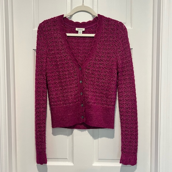 Sundance Leanna Pointelle Cardigan Small Fuchsia Pink Magenta Knit Button Front - Picture 2 of 6